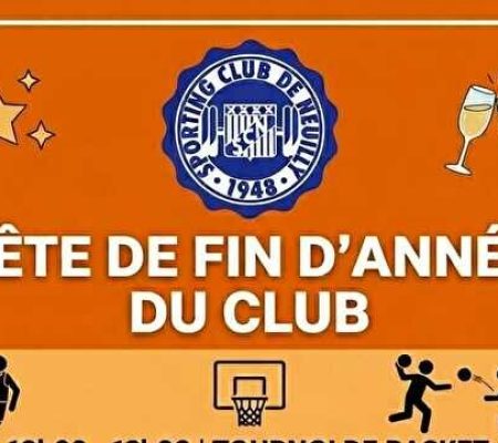 Affiche de la fête de fin d’année du Sporting Club de Neuilly, avec tournoi de basket, repas convivial et soirée festive.